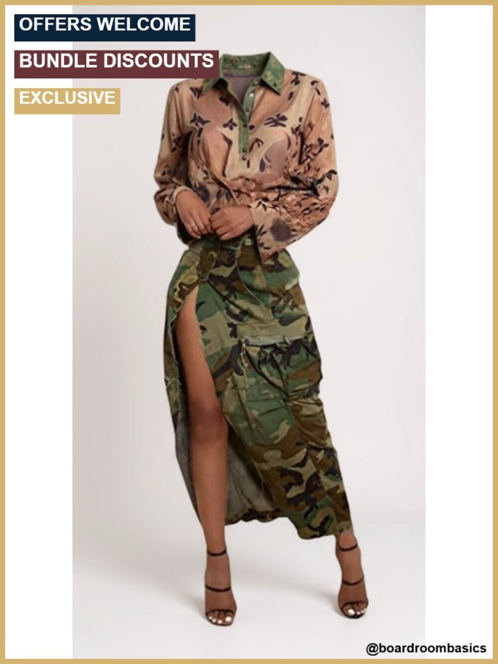 High Waisted Button Front Camo Pencil Skirt with Pockets & Slit